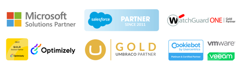 Devcores Partnersskap Loggor Badges Microsoft Salesforce Optimizely Umbraco WatchGuard Cookiebot VMWare Veeam